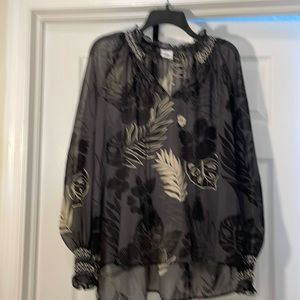 Cabi size M sheer long sleeve tropical shirt. Look at the neck and cuff details